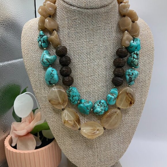 Chico's Turquoise Howlite Brown Natural Beaded Stones Double Strands Necklace - Picture 3 of 8